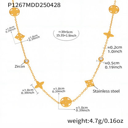 B廠【P1267】新款5A鋯石四葉花帶鑽鎖骨項鍊不鏽鋼材質鍍18k金保色飾品 25.05-2