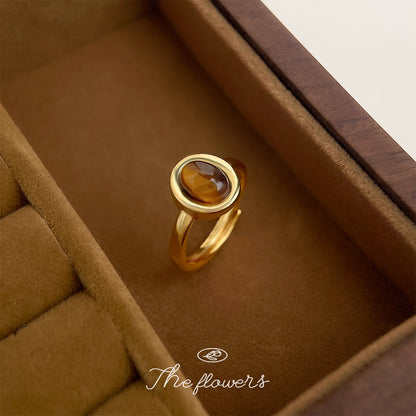 A廠【5781】高級感輕奢風 電鍍18K真金保色開口可調虎眼石天然石戒指食指戒 25.03-4