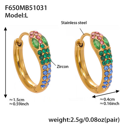 B廠【F650】彩色鋯石U形耳環不鏽鋼鍍18k真金蛇形滿鑽輕奢時尚百搭耳飾
 25.11-1