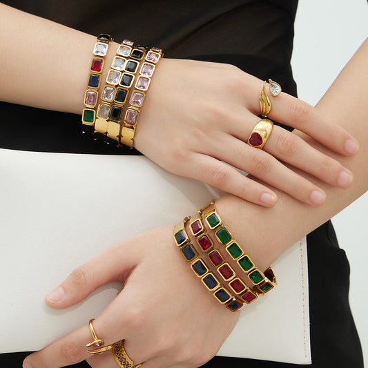 B廠【Z518】不鏽鋼方形彩色玻璃石手鐲ins小眾設計歐美潮酷飾品鍍18k金不掉色
 25.12-2