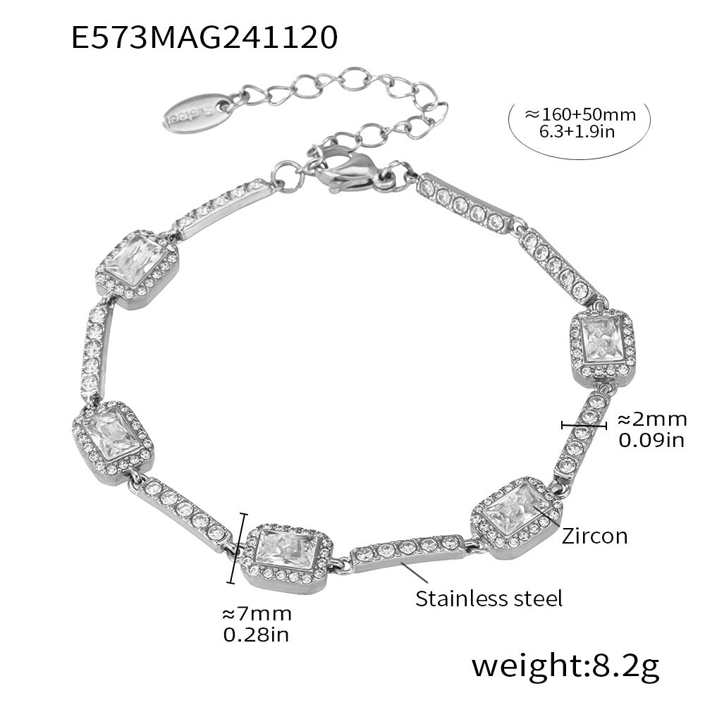 B廠【E573】不鏽鋼長條方塊手工鑲嵌超閃鋯石高版手鍊不褪色鍍真金飾品 24.11-5