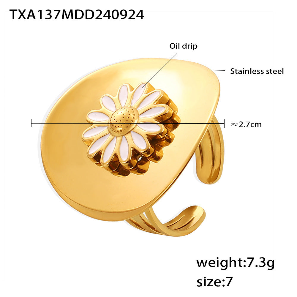 B廠【TXF137】歐美滴油雛菊圓片戒指耳環鍍18k金不銹鋼氣質輕奢田園風花朵套裝 24.10-1