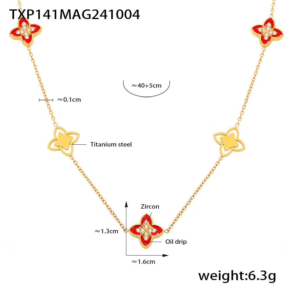 B廠【TXP141】歐美跨境滴油四葉花鋯石滿鑽手鍊項鍊小眾設計女生款閨蜜鈦鋼套裝 24.10-2