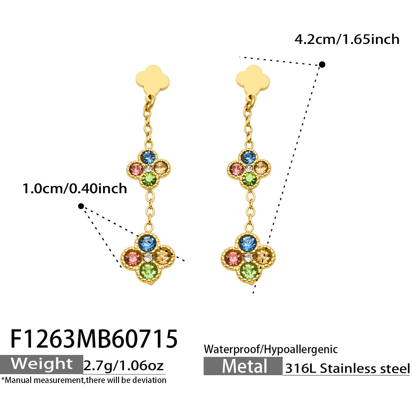 B廠【F1263】小花帶鑽鑲嵌鋯石吊墜耳環不鏽鋼鍍18k金歐美時尚輕奢耳環飾品女
 26.07-4