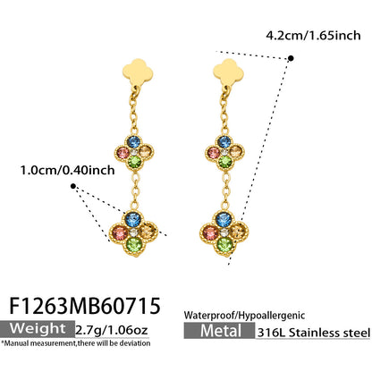 B廠【F1263】小花帶鑽鑲嵌鋯石吊墜耳環不鏽鋼鍍18k金歐美時尚輕奢耳環飾品女
 26.07-4