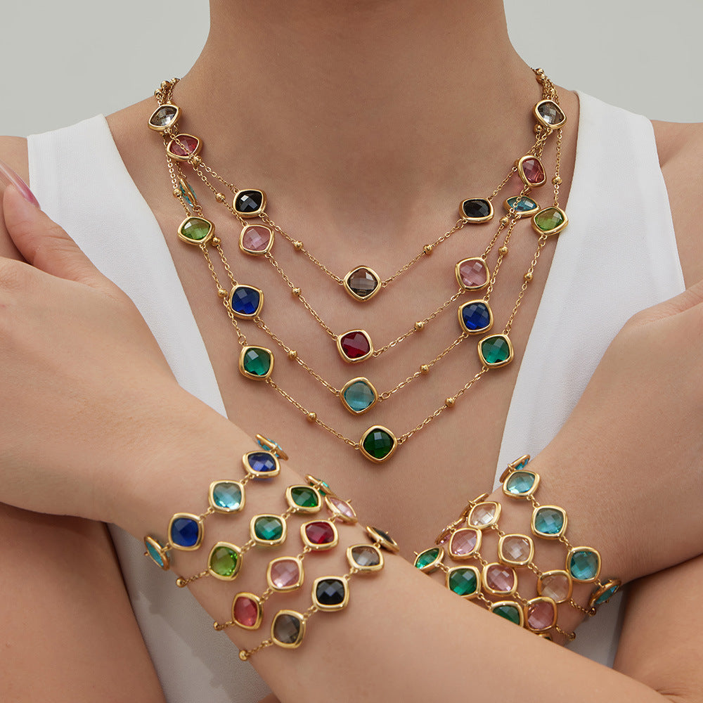 B廠【TXP512】不銹鋼正方形切面玻璃石手鍊項鍊耳環套裝歐美風潮酷氣質珠寶首飾
 25.12-2