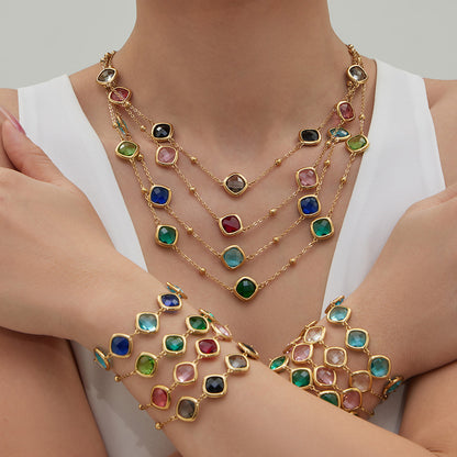 B廠【TXP512】不銹鋼正方形切面玻璃石手鍊項鍊耳環套裝歐美風潮酷氣質珠寶首飾
 25.12-2