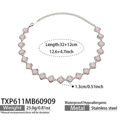 B廠【TXP611】謎麗港風顯貴四葉花不鏽鋼鍍金紅玻璃簡約小眾項鍊手鍊耳飾飾品女
 26.09-3