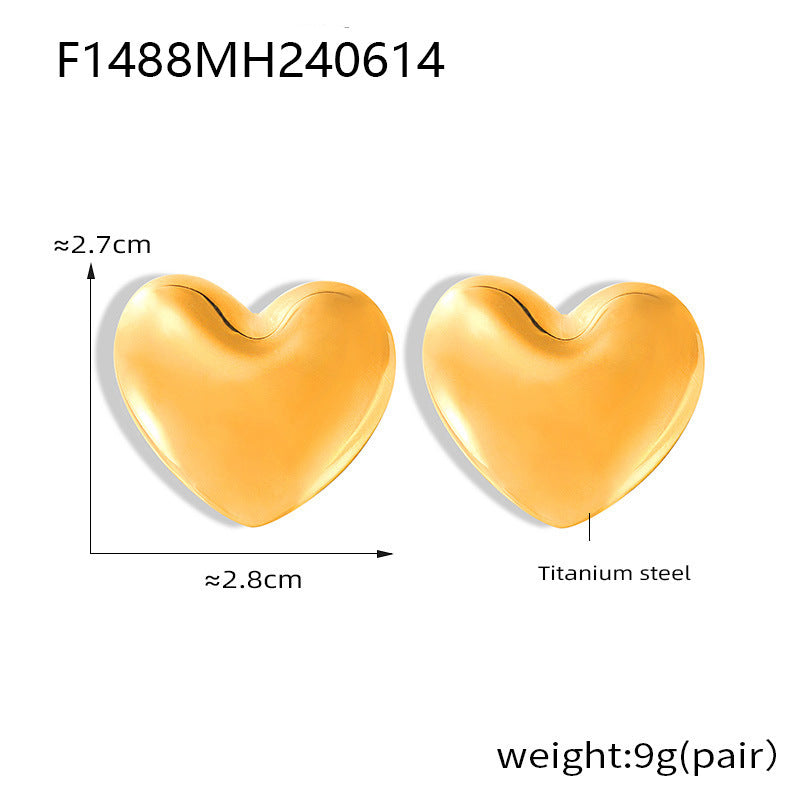 B廠【F1488】歐美ins風桃心誇張耳環設計感光面不褪色耳環18k金鈦鋼耳飾女 24.06-3