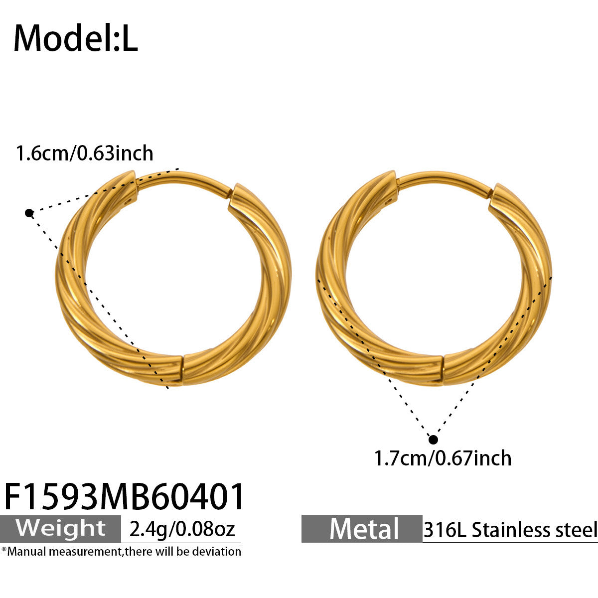 B廠【F1593】亞馬遜熱賣不鏽鋼鍍18k金扭紋耳圈小眾高級感輕奢耳飾不掉色
 26.04-3