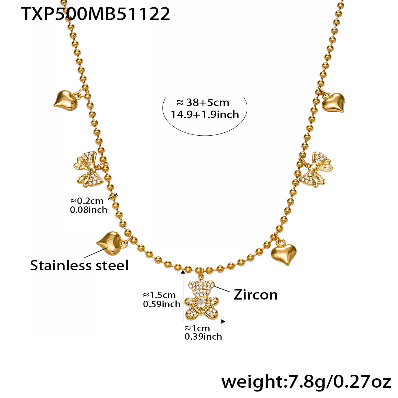 B廠【TXP500】不銹鋼5A鋯石滿鑽小熊蝴蝶結愛心多配件吊墜項鍊手鍊耳環首飾套裝
 25.11-4