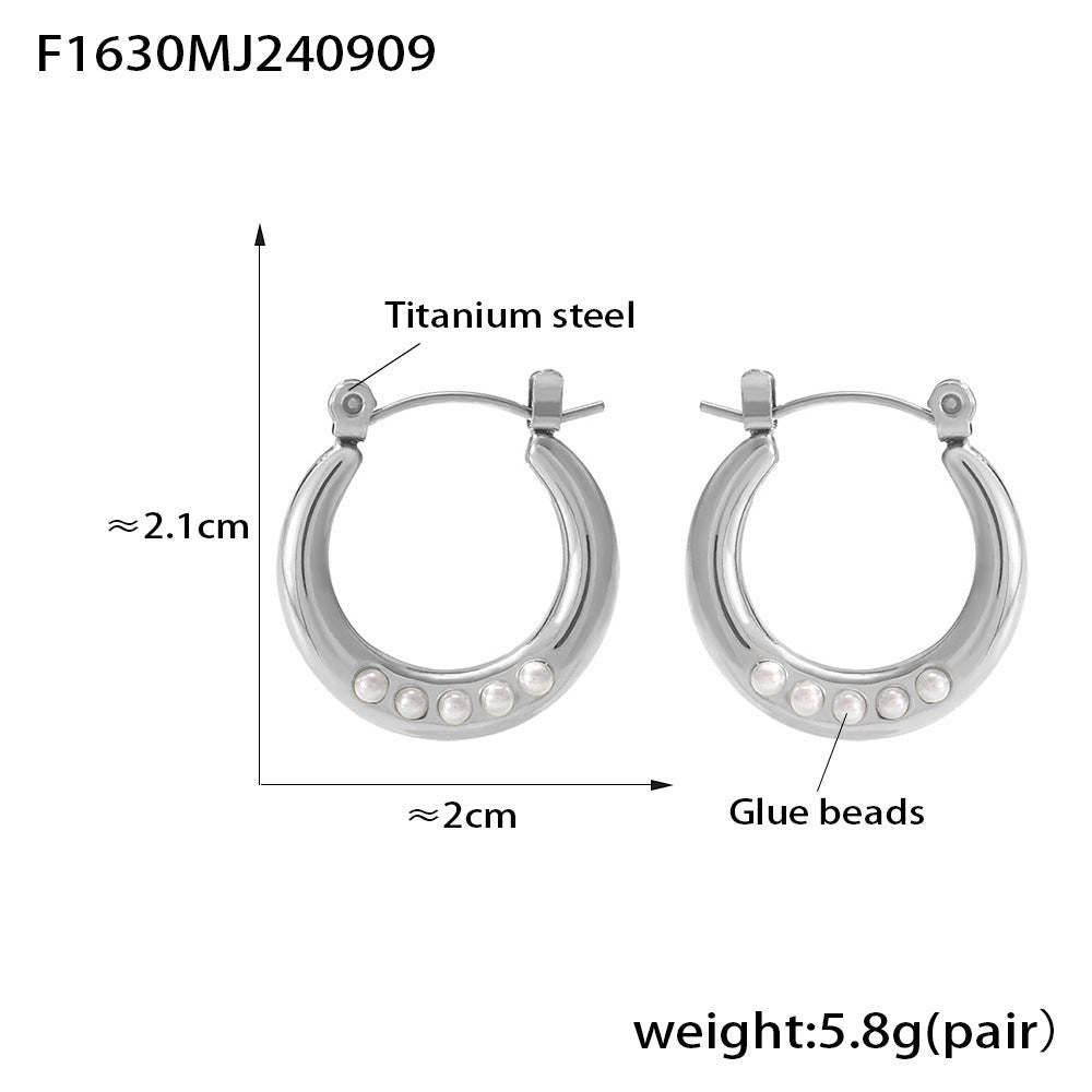 B廠【F1630】歐美ins風幾何環形仿珍珠開口耳圈鈦鋼鍍18K金優雅輕奢不掉色耳環 24.09-3