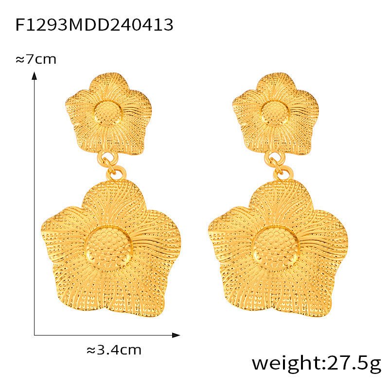 B廠【F1231-1312】歐美跨境熱賣大小圓環空心花朵耳墜鈦鋼鍍18K金色誇張耳環飾品女 24.04-3