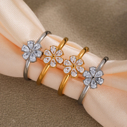 B廠【A749】國潮新款鑲嵌5A鋯石水滴小花開口調整戒指不鏽鋼鍍18k真金 25.05-4