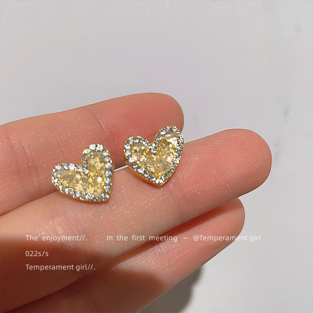 C廠【968】日落橘子海~森系超仙鑲鑽玻璃水晶心型耳環高級感氣質碎鑽耳飾女 24.01-2