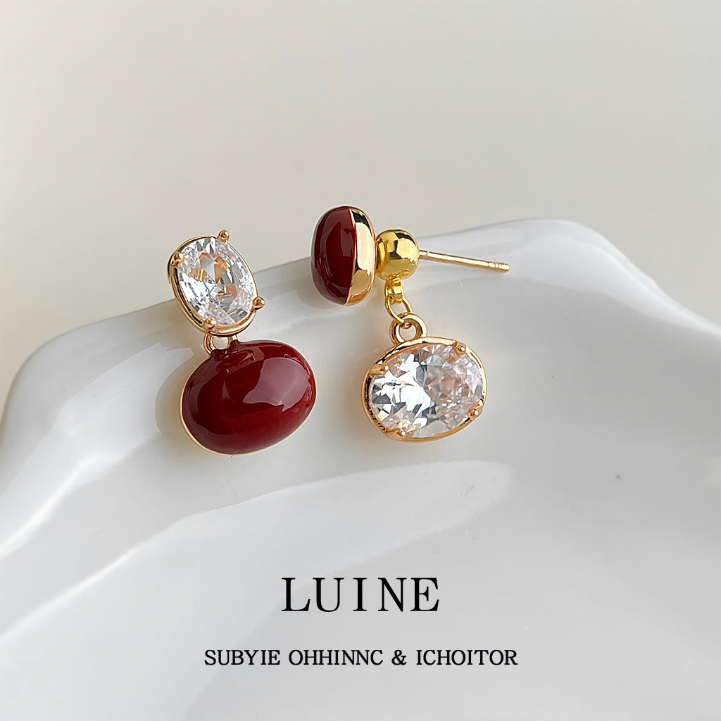 A廠【7227】文藝復古安可拉紅酒紅鋯石幾何s925銀針一款多戴耳飾耳環飾品
 25.12-2