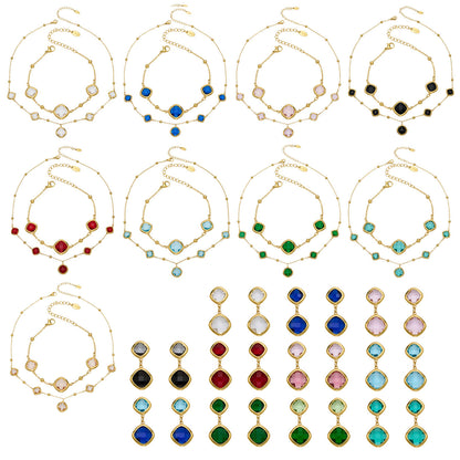 B廠【TXP517】不銹鋼方形切麵包邊玻璃石吊墜耳環項鍊手鍊珠寶首飾套裝鍍18k金
 25.12-2