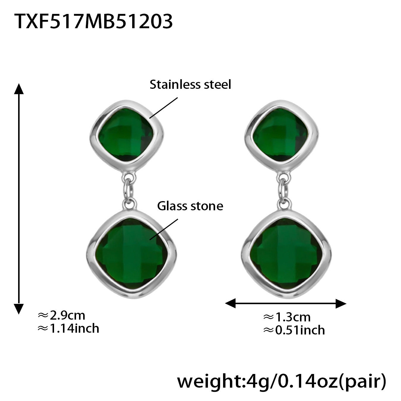 B廠【TXP517】不銹鋼方形切麵包邊玻璃石吊墜耳環項鍊手鍊珠寶首飾套裝鍍18k金
 25.12-2