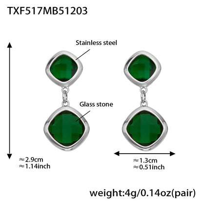 B廠【TXP517】不銹鋼方形切麵包邊玻璃石吊墜耳環項鍊手鍊珠寶首飾套裝鍍18k金
 25.12-2