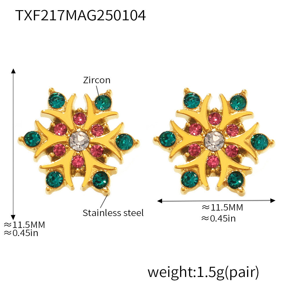 B廠【TXP217】聖誕雪花手工鑲嵌鋯石項鍊耳環手鍊氛圍感不鏽鋼輕奢套組女 25.01-3