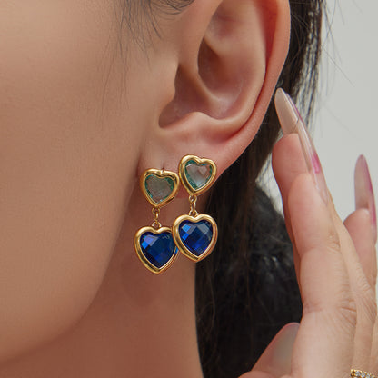 B廠【TXP510】不鏽鋼愛心切麵包邊玻璃石鋼珠項鍊手鍊耳環組鍍18k真金不掉色
 25.12-2