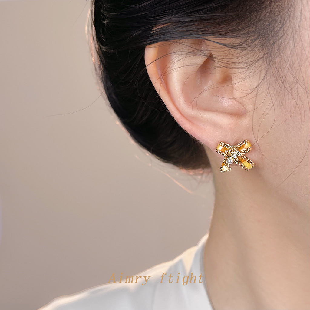 A廠【7192】原創蝴蝶結銀杏葉手工彩繪925銀針鍍14K漸變色耳飾耳環飾品女
 25.12-1