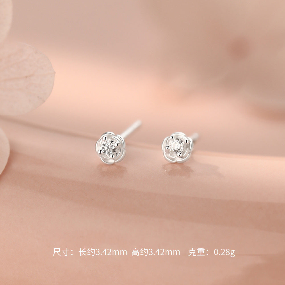 D廠【YC6037E】足銀S999玫瑰花朵鋯石螺絲耳釘
 26.10-1
