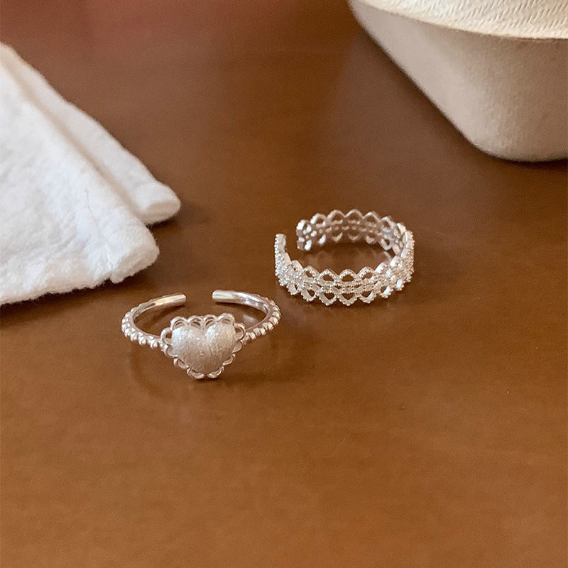 F廠【DQ8038R】S925純銀蕾絲愛心戒指女小眾高級感磨砂心形精緻蕾絲疊戴指環 25.05-5