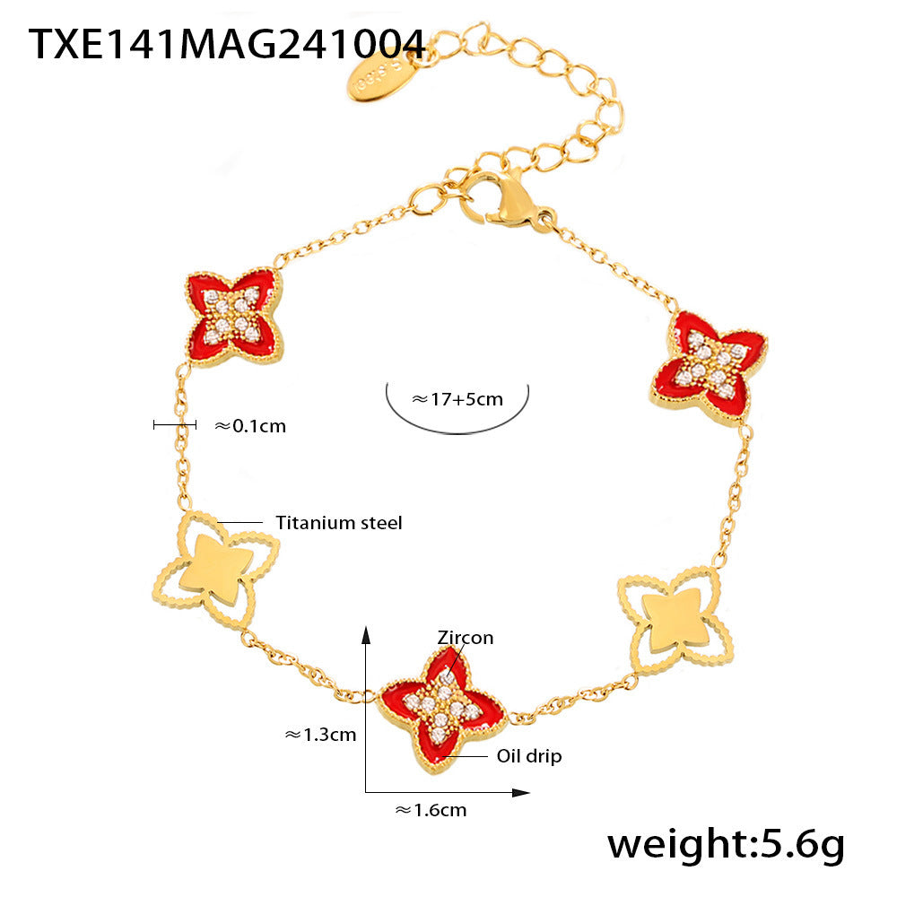 B廠【TXP141】歐美跨境滴油四葉花鋯石滿鑽手鍊項鍊小眾設計女生款閨蜜鈦鋼套裝 24.10-2