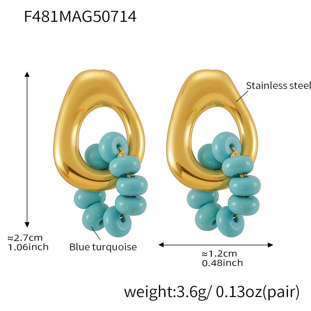 B廠【F481】歐美時尚個性幾何水滴形鏤空耳環簡約18K金藍松石耳飾 25.07-4