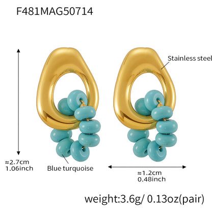 B廠【F481】歐美時尚個性幾何水滴形鏤空耳環簡約18K金藍松石耳飾 25.07-4