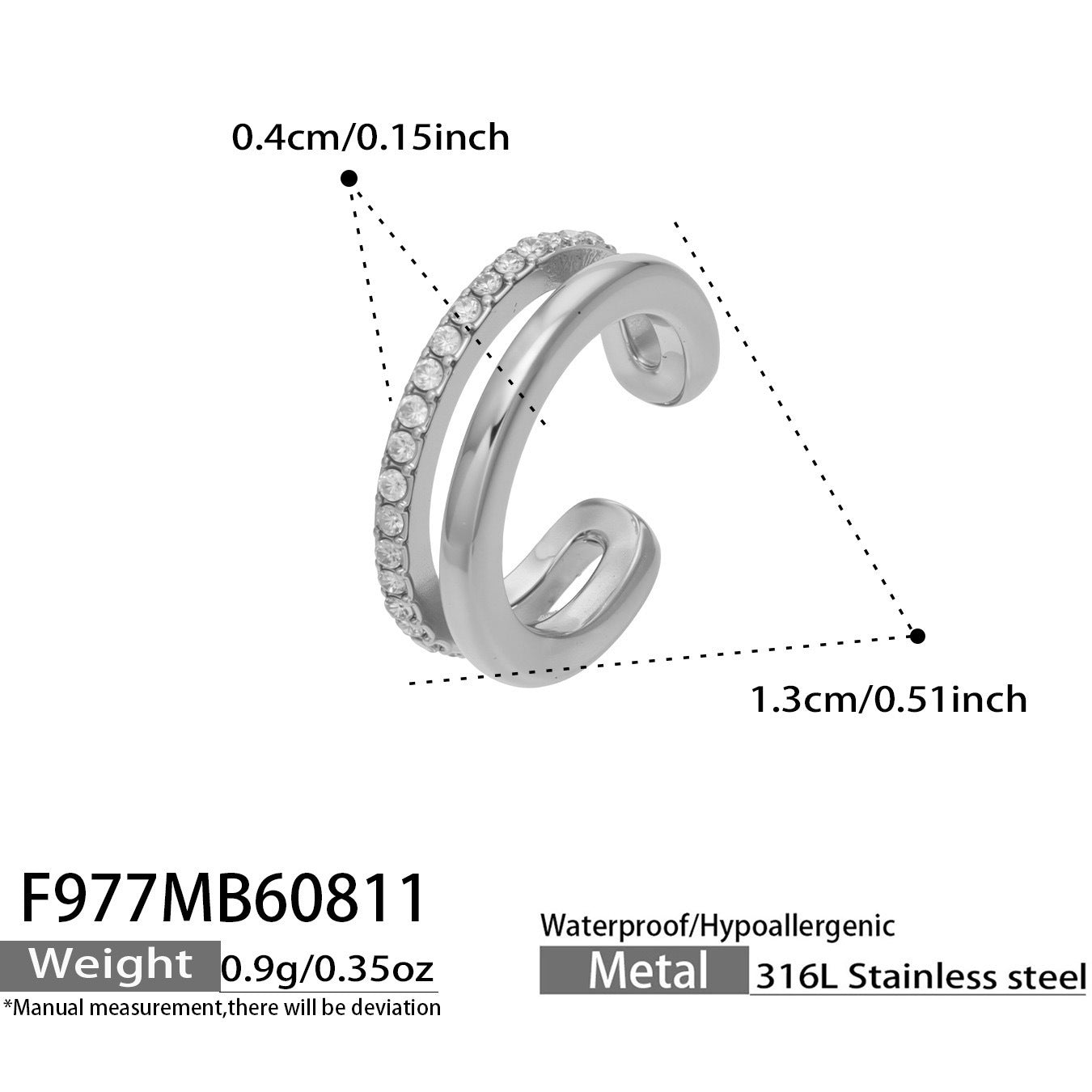 B廠【F977】跨境時尚ins不銹鋼316L微鑲鋯石雙層耳夾女高級感飾品無耳洞耳環
 26.08-3
