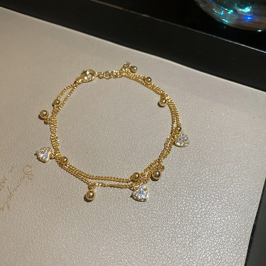 A廠【HB4791】18k真金電鍍鋯石雙層愛心吊墜手鍊時尚百搭手環輕奢高級感手飾女
 25.10-4