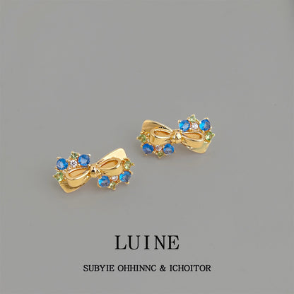 A廠【7441】原創海藍寶色鋯石蝴蝶結銀針耳環時尚高級感新款耳環女
 26.03-4