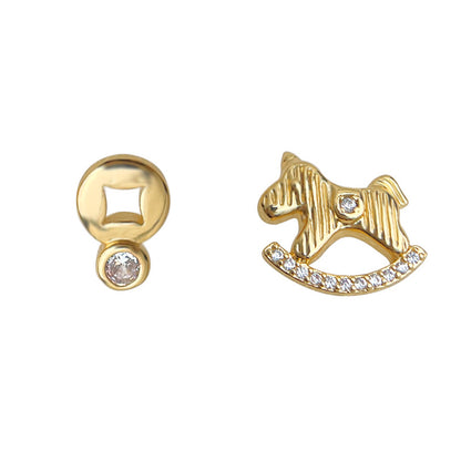 A廠【6513】馬上有錢！微鑲鋯石不對稱AB款925銀針鍍14K輕奢風耳飾耳環女 25.08-2