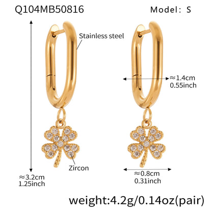 B廠【Q104】跨國新品不鏽鋼幸運草帶鑽耳墜耳環鍍18k真金簡約時尚飾品 25.08-5
