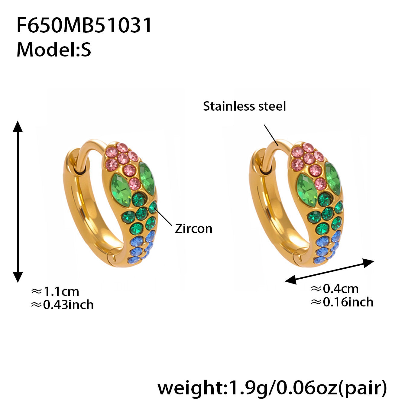 B廠【F650】彩色鋯石U形耳環不鏽鋼鍍18k真金蛇形滿鑽輕奢時尚百搭耳飾
 25.11-1