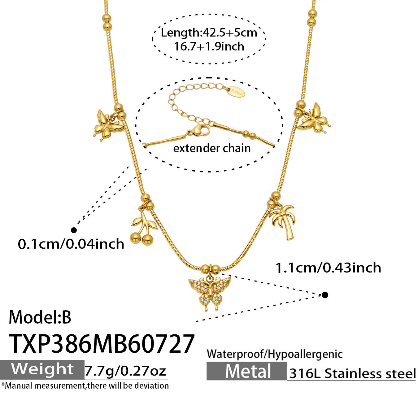B廠【TXP386】夏日風蝴蝶圓珠吊墜項鍊手鍊 316不銹鋼鍍金輕奢高級感氣質飾品女
 26.07-5