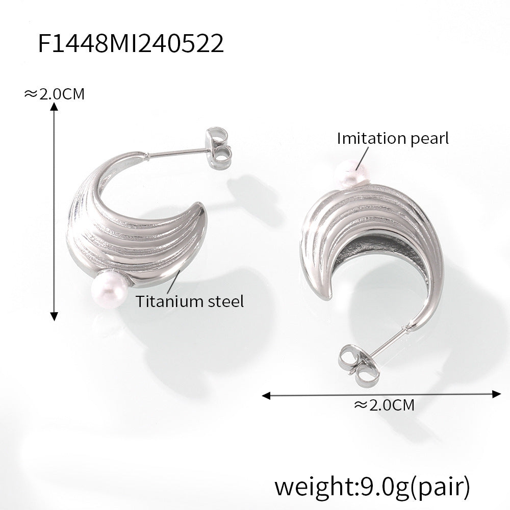 B廠【F1448】歐美vintage紋理貝珠耳環大氣優雅ins小香風耳環小眾鈦鋼耳飾 24.05-5