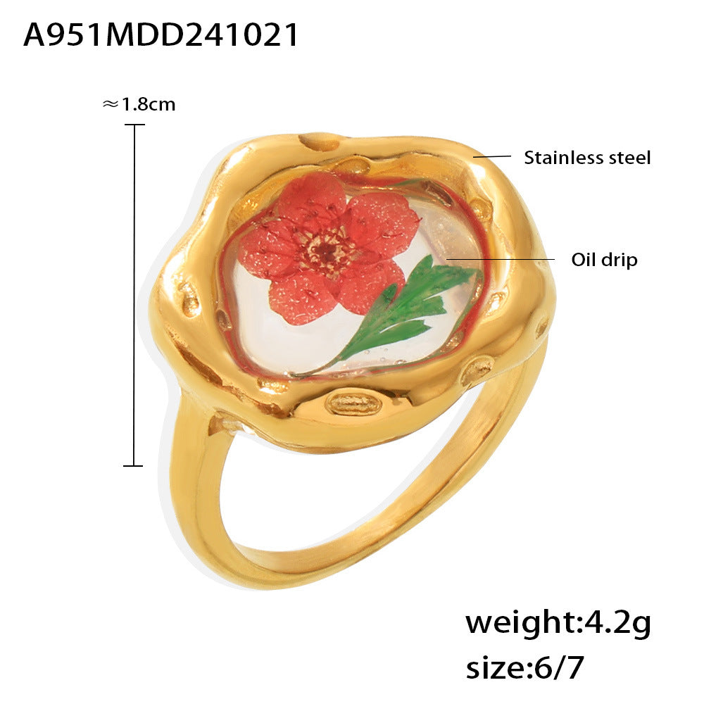 B廠【A951】歐美小眾滴油乾燥花戒指輕奢感冷淡風植物花卉不鏽鋼食指戒女 24.10-4