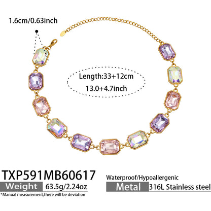 B廠【TXP591】歐美新款多色長方形玻璃石項鍊手鍊首飾套裝復古宴會風不銹鋼飾品
 26.06-4
