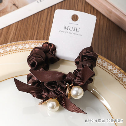 C廠【B269】2條卡裝髮繩韓版珍珠飄帶皮筋高級感褶皺小腸髮圈頭飾高馬尾頭繩 25.02-2「C廠-單筆結帳需滿，NT$500出貨(不含運費)」