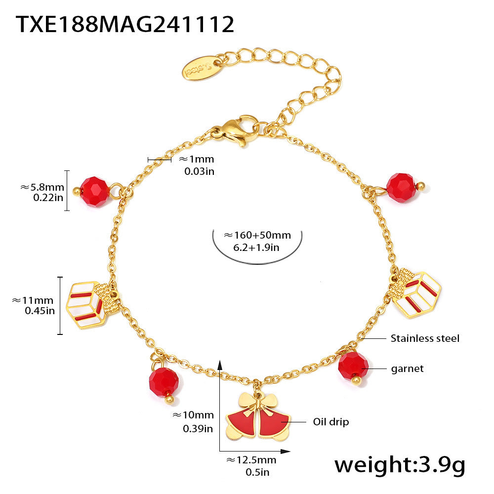 B廠【TXP188】石榴石琺瑯彩釉聖誕元素幾何吊飾項鍊手鍊耳環不鏽鋼套裝 24.11-5