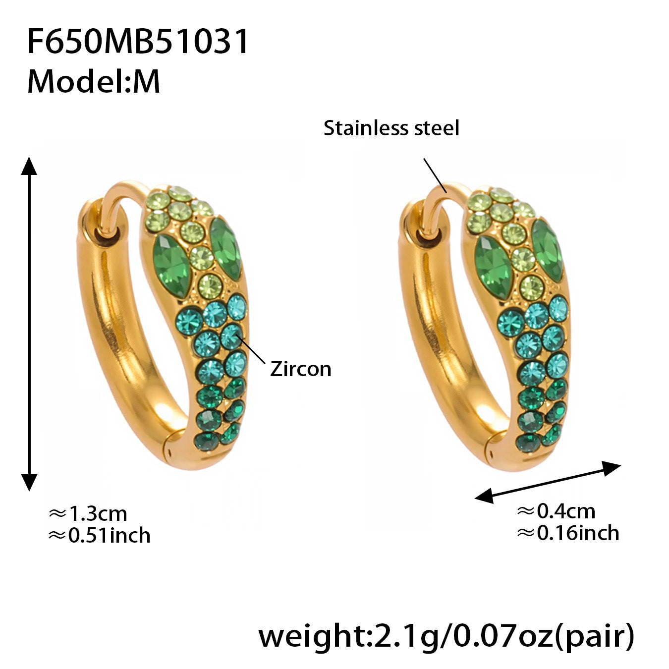 B廠【F650】彩色鋯石U形耳環不鏽鋼鍍18k真金蛇形滿鑽輕奢時尚百搭耳飾
 25.11-1