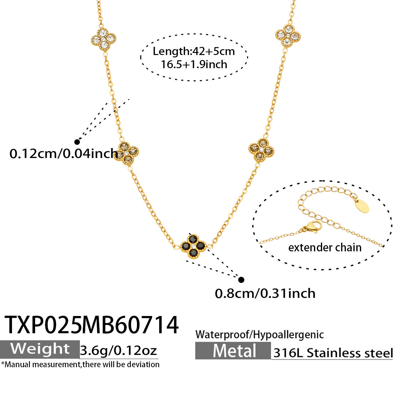 B廠【TXP025】歐美多巴胺系列四葉花不銹鋼鍍18k金 鑲嵌鋯石項鍊手鍊女飾品套裝
 26.07-4