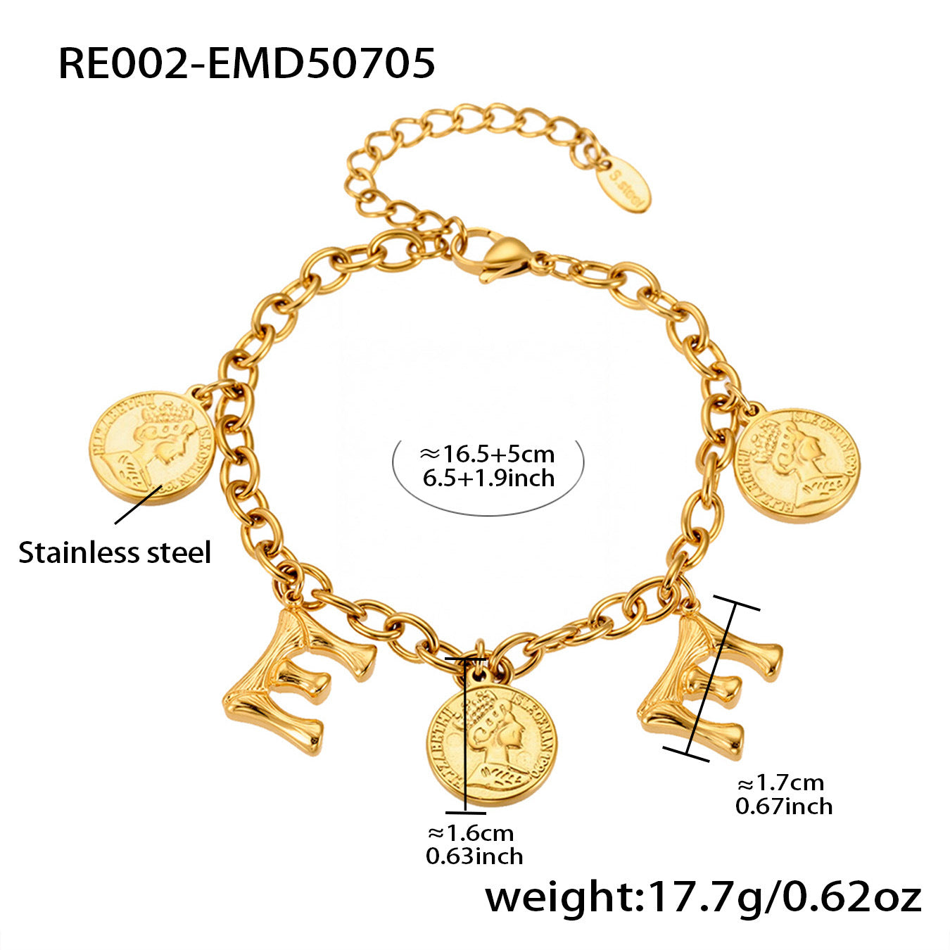 B廠【RE002】歐美飾品不鏽鋼26個字母伊莉莎白女王圖像手鍊鍍18k金色保色 25.07-3
