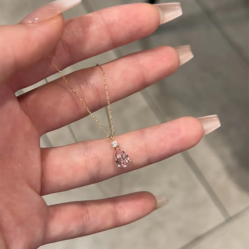E廠【DQ1992N】S925純銀韓系甜美粉色水滴項鍊簡約精緻爆閃鋯石鎖骨鏈
 25.10-3