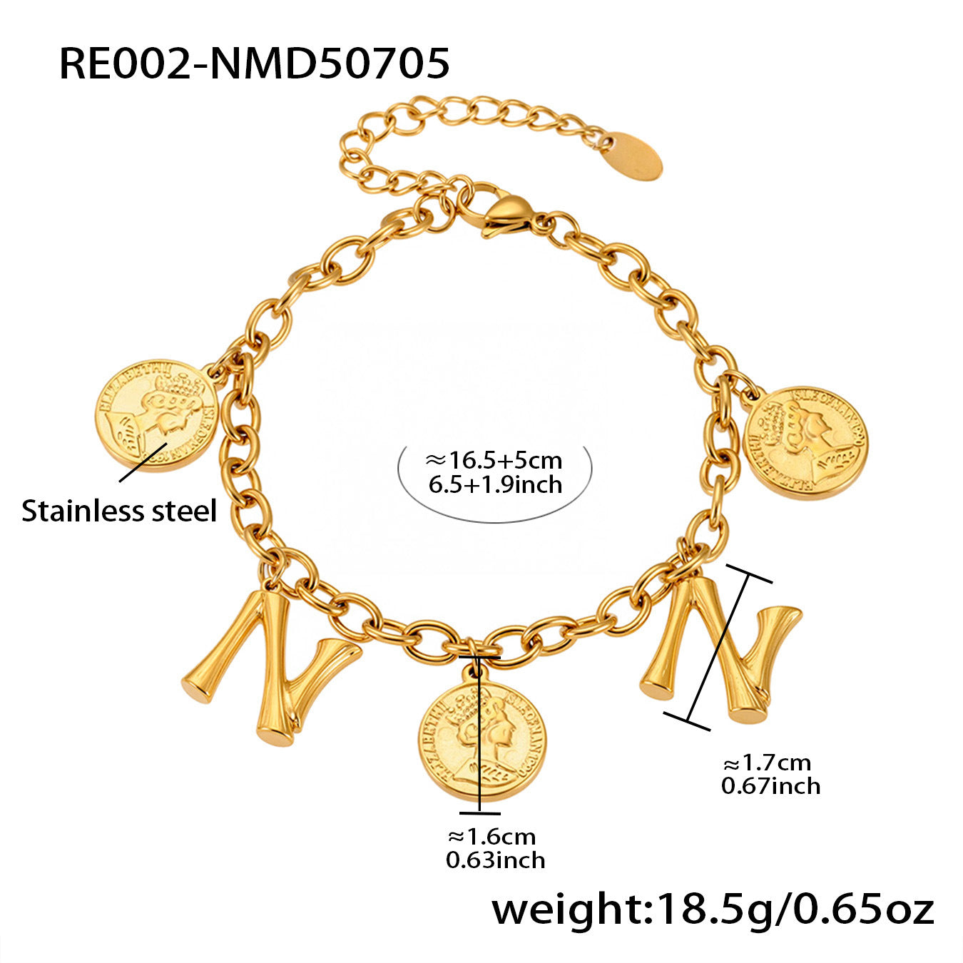 B廠【RE002】歐美飾品不鏽鋼26個字母伊莉莎白女王圖像手鍊鍍18k金色保色 25.07-3