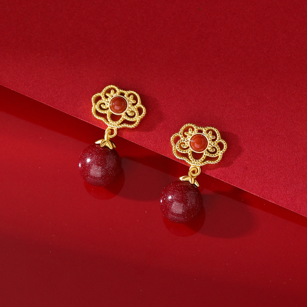 D廠【YC4114E】純銀S925如意南紅硃砂耳環氣質國風古風精美個性溫柔百搭耳飾
 26.01-1