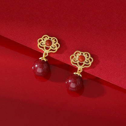 D廠【YC4114E】純銀S925如意南紅硃砂耳環氣質國風古風精美個性溫柔百搭耳飾
 26.01-1